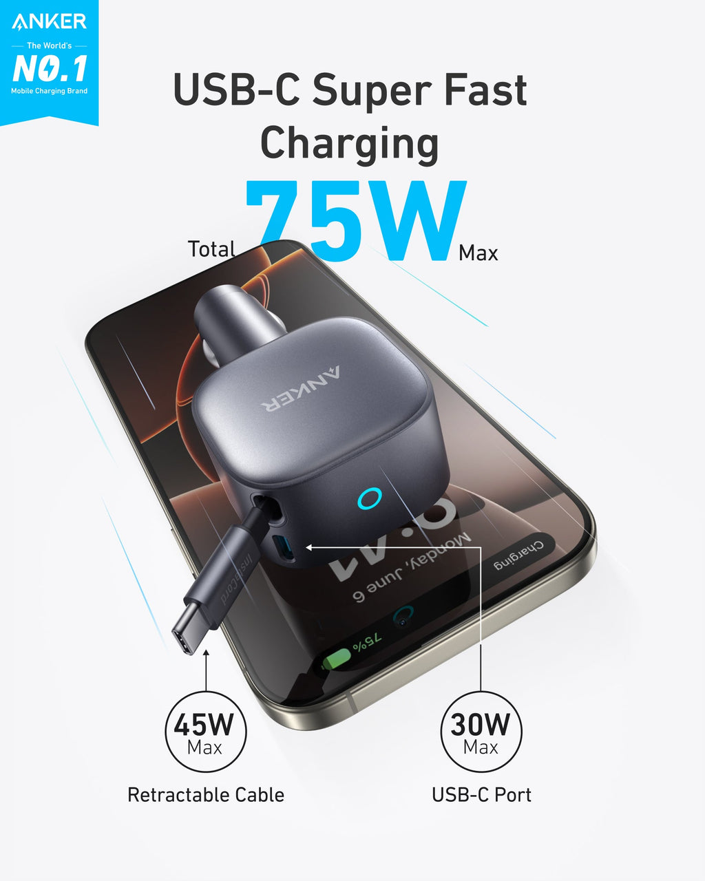 Anker Nano 75W Retractable Car Charger